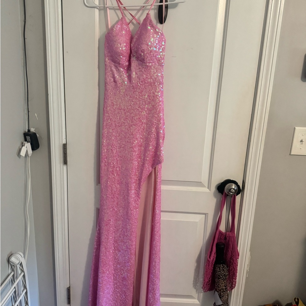 Sparkling Pink Sequin Prom Dress with Thigh Slit